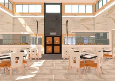 Résidence privée pour aînés / Modélisation 3D d’un lancement de concept en design d’intérieur de l’entrée avec foyers de la grande salle à manger