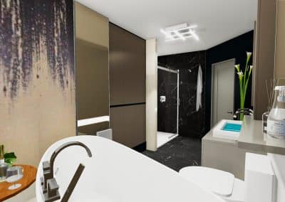 Vue 3D d’une rénovation de salle de bain contemporaine