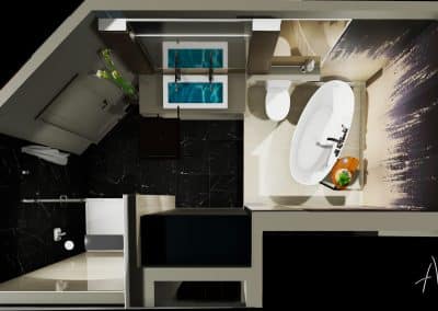Vue 3D d’un plan de rénovation d’une salle de bain contemporaine