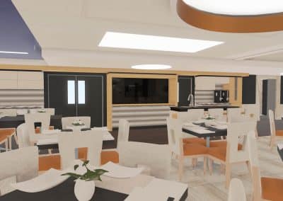 Résidence privée pour aînés / Modélisation 3D d’un lancement de concept en design d’intérieur de la grande salle à manger / Vue sur la 2ième cuisine de service et sur les comptoirs d’ateliers du Chef