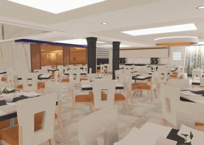 Résidence privée pour aînés / Modélisation 3D d’un lancement de concept en design d’intérieur de la grande salle à manger / Vue sur la cuisine de service et le détail de mur de miroir bronze