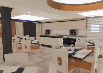 Résidence privée pour aînés / Modélisation 3D d’un lancement de concept en design d’intérieur de la grande salle à manger / Vue sur la cuisine de service et sur l’art visuel intégrant les habillages de fenêtres