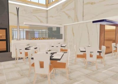 Résidence privée pour aînés / Modélisation 3D d’un lancement de concept en design d’intérieur de l’entrée avec foyer de la grande salle à manger