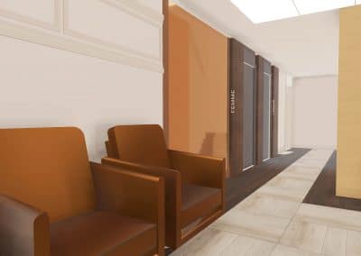 Résidence privée pour aînés / Modélisation 3D du salon lounge vue vers les salles d’eau