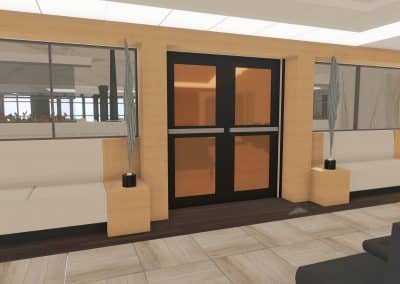 Résidence privée pour aînés / Modélisation 3D du salon lounge donnant accès à la salle à manger