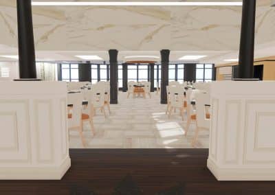 Résidence privée pour aînés / Modélisation 3D d’un lancement de concept en design d’intérieur de la grande salle à manger / Vue générale de l’entrée