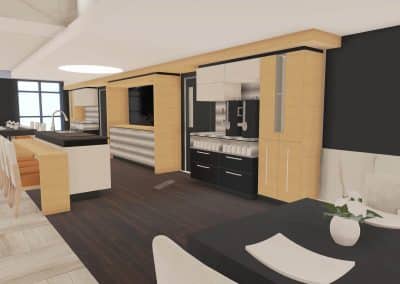 Résidence privée pour aînés / Modélisation 3D d’un lancement de concept en design d’intérieur de la grande salle à manger / Vue sur la 2ième cuisine de service et sur les comptoirs d’ateliers du Chef