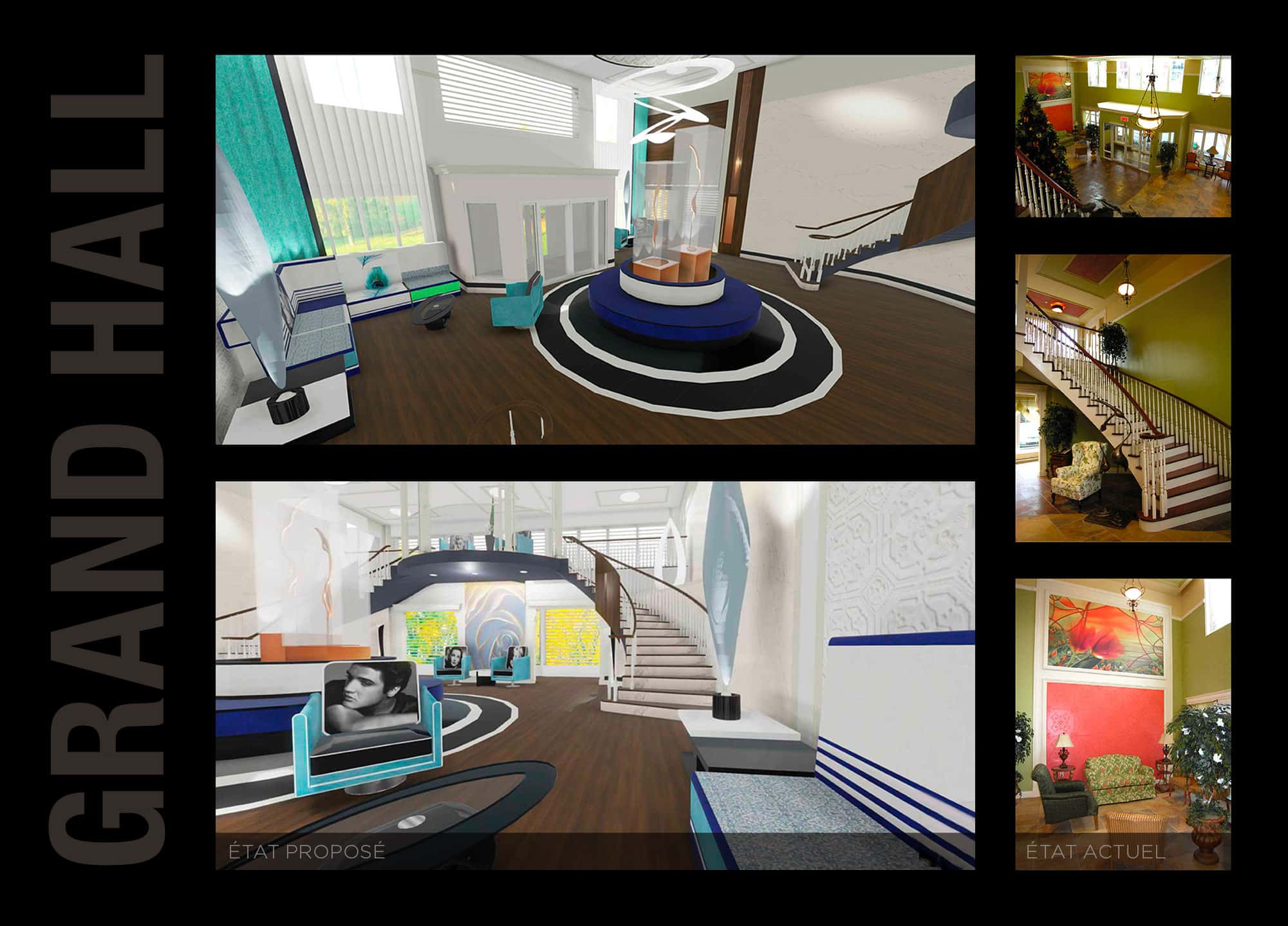 Moodboard d’une modélisation 3D d’un concept en design d’intérieur proposé du Grand Hall en comparaison des photos de l’état existant