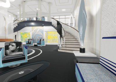 Résidence privée pour aînés / Modélisation 3D d’un concept en design de style Rétro-Vintage du Grand Hall. Alternative proposée avec un plancher de couleur “Ébène”